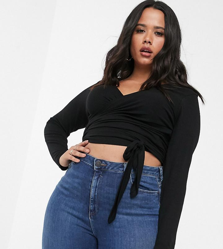 Asos Design Curve Wrap Top In Rib With Long Sleeve-black