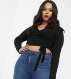 Asos Design Curve Wrap Top In Rib With Long Sleeve-black