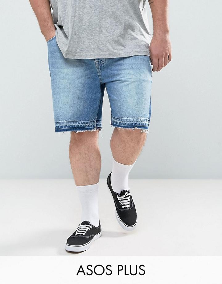 Asos Plus Slim Denim Shorts In Mid Wash Blue With Cut And Sew Detail - Blue