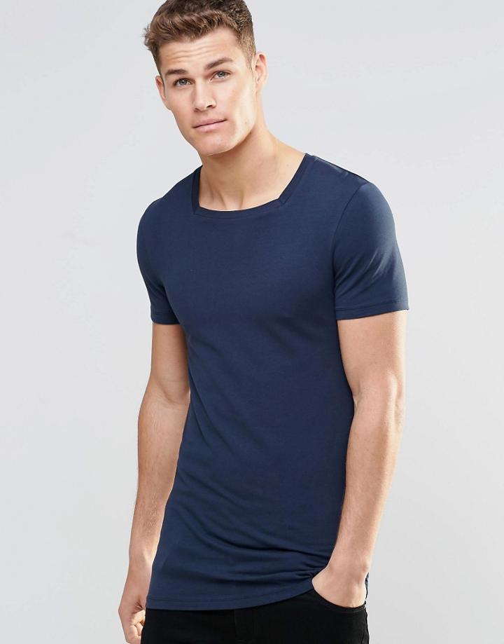 Asos Longline Muscle T-shirt With Square Neck In Navy - Navy