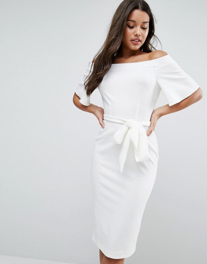 Asos Midi Dress With Off Shoulder And Self Tie - Cream