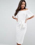 Asos Midi Dress With Off Shoulder And Self Tie - Cream