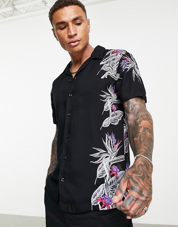 Jack & Jones Originals Revere Collar Shirt With Dark Floral Border Print-black