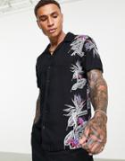 Jack & Jones Originals Revere Collar Shirt With Dark Floral Border Print-black