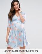 Asos Maternity Nursing Wrap Dress In Pale Blue Print - Multi