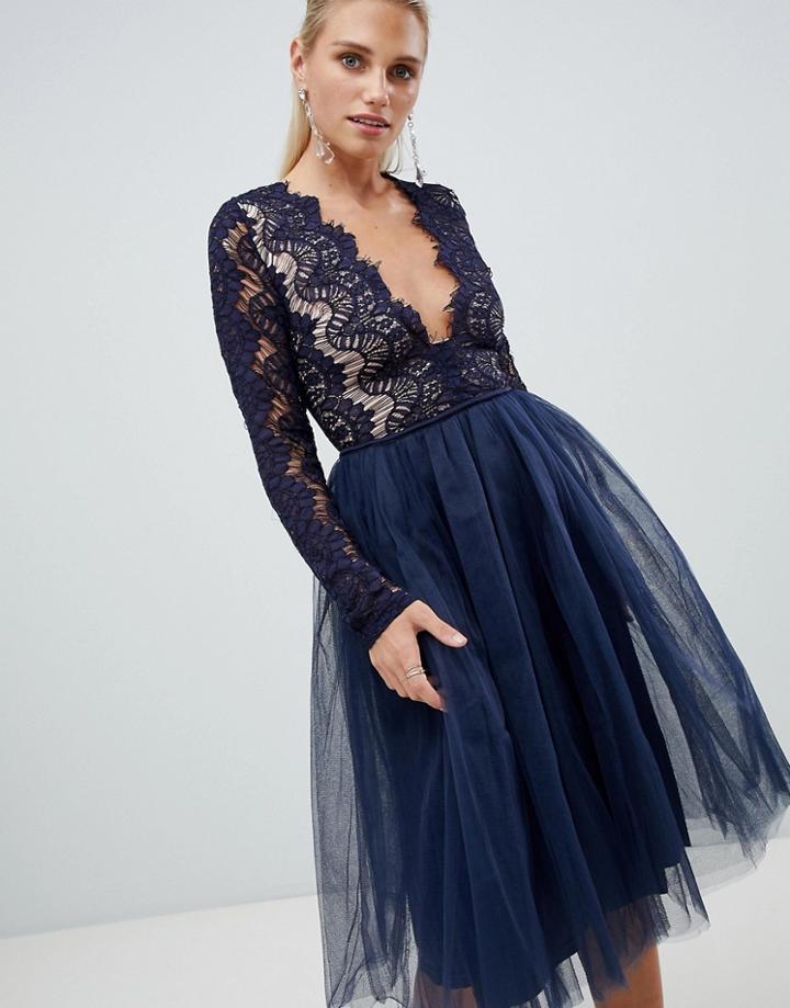 Rare London Long Sleeve Lace Tutu Dress - Navy