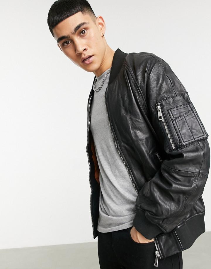 Asos Design Oversized Leather Bomber Jacket In Black