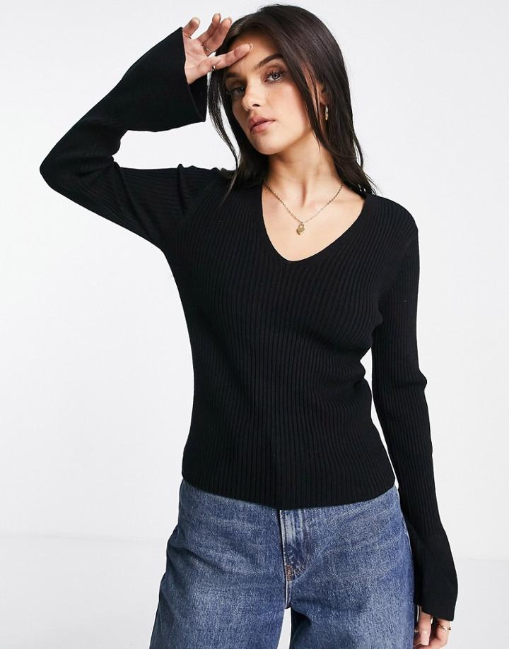 Asos Design V Neck Sweater In Rib In Black
