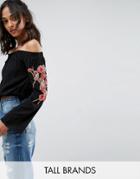 Parisian Tall Bardot Top With Rose Embroidery - Black