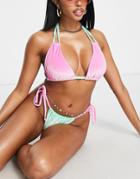 Asos Design Fuller Bust Velvet Contrast Halter Triangle Bikini Top In Pink