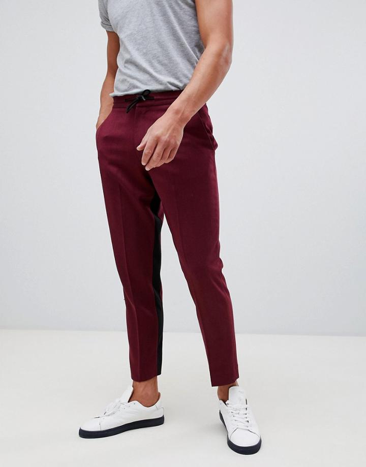 Asos Design Cigarette Crop Pants In Burgundy With Contrast Insert Stripe - Red