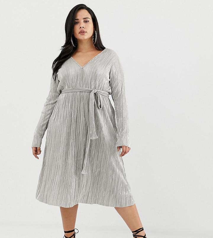 Asos Design Curve Metallic Plisse Tie Belt Midi Dress-silver