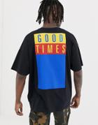 Asos Design Oversized Longline T-shirt With Good Times Back Print And Striped Ringer - Black