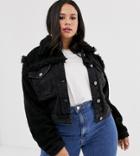 Asos Design Curve Denim Jacket With Borg Detail In Black - Black