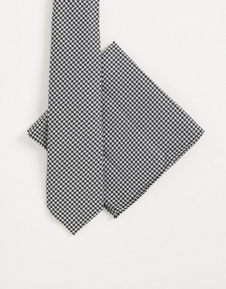 River Island Pupstooth Tie With Pocket Square Set In Black