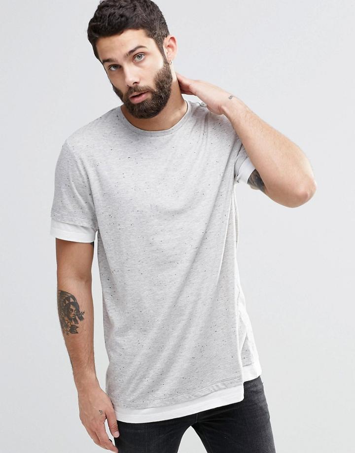 Asos Longline T-shirt With Contrast White Raw Hem And Sleeve Extender