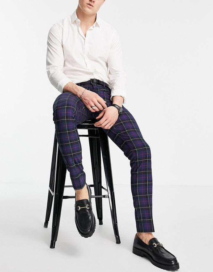 Asos Design Skinny Smart Pants In Navy Tartan