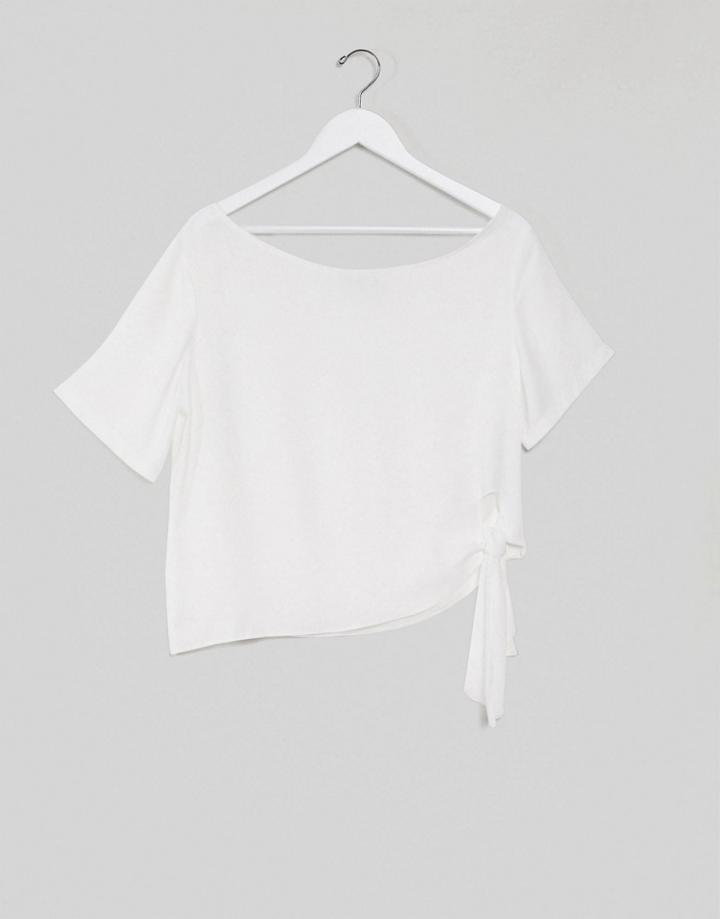 Asos Design Fallen Shoulder Woven T-shirt With Tie In Ivory-white