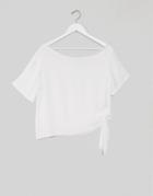 Asos Design Fallen Shoulder Woven T-shirt With Tie In Ivory-white