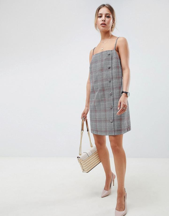 Asos Design Square Neck Mini Dress With Buttons In Check - Multi