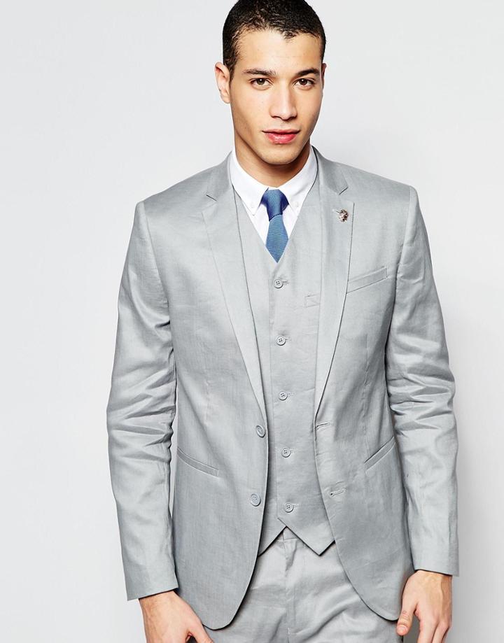 Asos Skinny Suit Jacket In Linen Mix - Gray