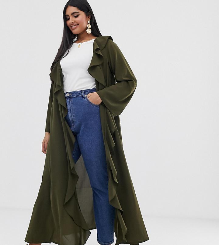 Verona Curve Frill Front Duster Jacket In Olive - Green