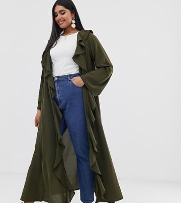 Verona Curve Frill Front Duster Jacket In Olive - Green