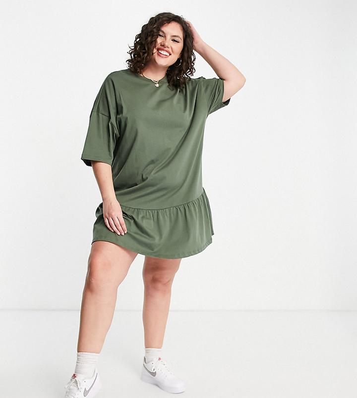 Asos Design Curve Oversized T-shirt Dress With Ruffle Hem In Khaki-green
