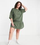 Asos Design Curve Oversized T-shirt Dress With Ruffle Hem In Khaki-green
