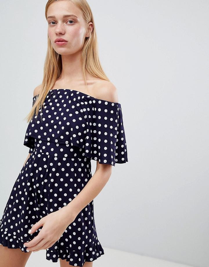 Daisy Street Romper With Bardot Frill In Polka Dot - Navy