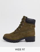 New Look Wide Fit Lace Up Flat Hiker Boot In Dark Khaki - Green