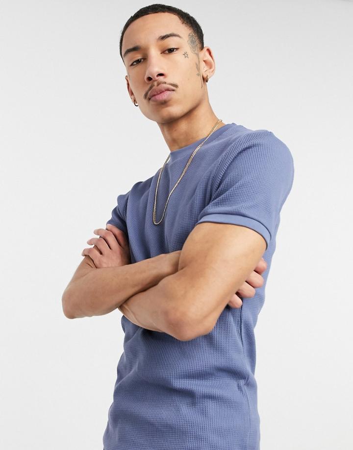 Asos Design Muscle Fit Waffle T-shirt Set In Washed Navy