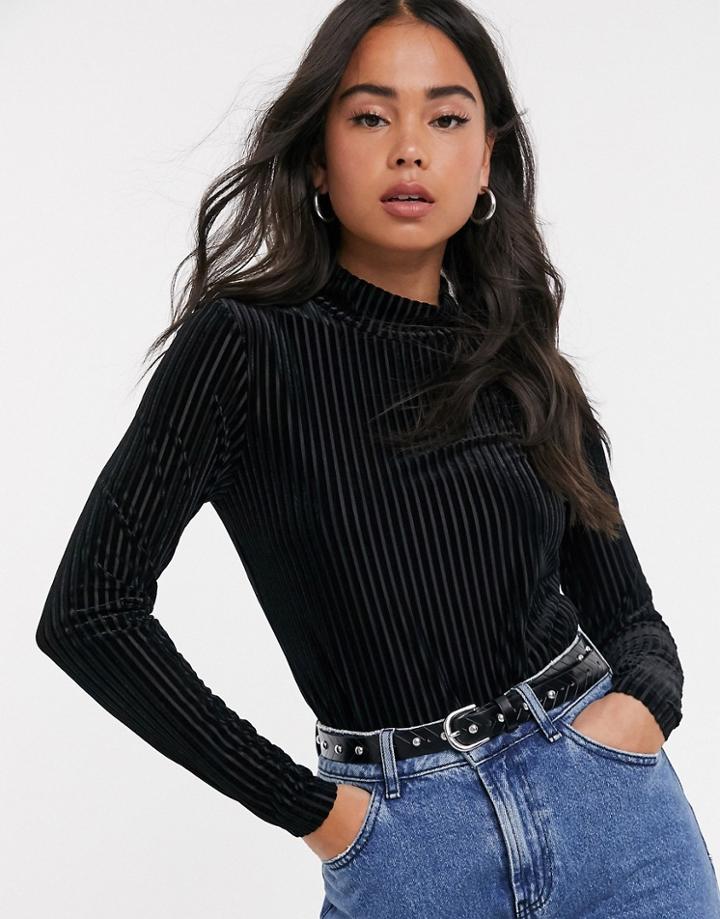 Noisy May High Neck Ribbed Velvet Top-black