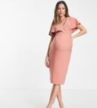 Asos Design Maternity Angel Sleeve Midi Pencil Dress In Terracotta-brown