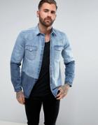 Asos Regular Fit Denim Western 11oz Cut And Sew Shirt - Blue