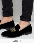 Asos Wide Fit Loafers In Black Velvet With Crown Embroidery - Black