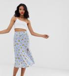 Monki Prarie Floral Print Midi Skirt With Side Slit In Blue - Blue
