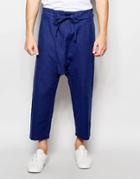 Asos Drop Crotch Cropped Pants In Textured Fabric - Blue