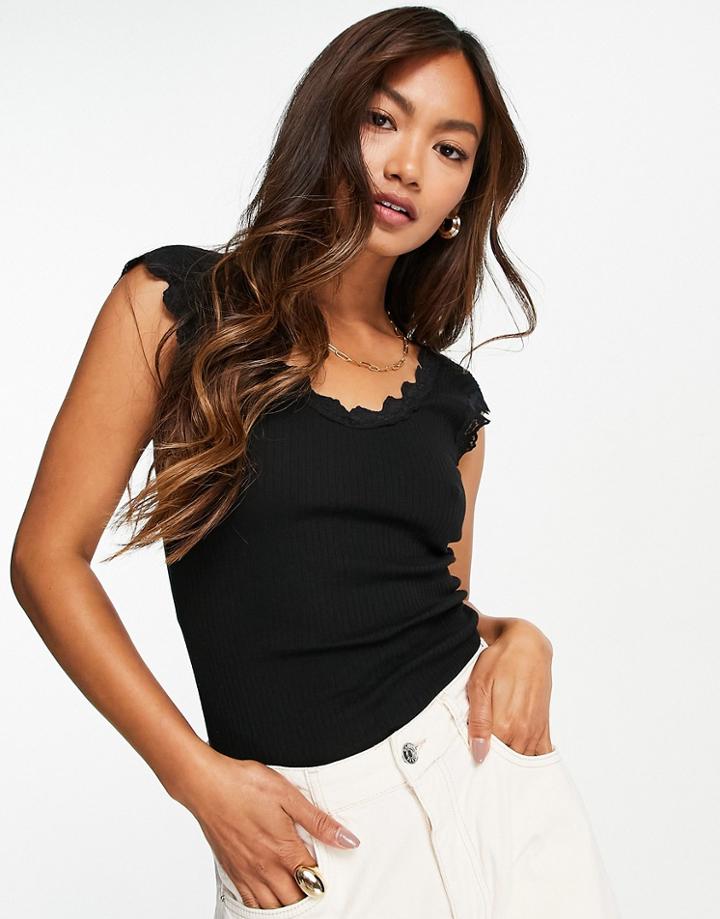 River Island Lace Trim Tank Top In Black-white