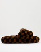 Asos Design Chunky Slippers In Brown Checkerboard Faux Fur-multi