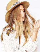 7x Straw Fedora Hat With Hand Beading And Tassles - Natural