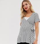 Asos Design Maternity Nursing Short Sleeve Wrap Top In Black And White Stripe-multi