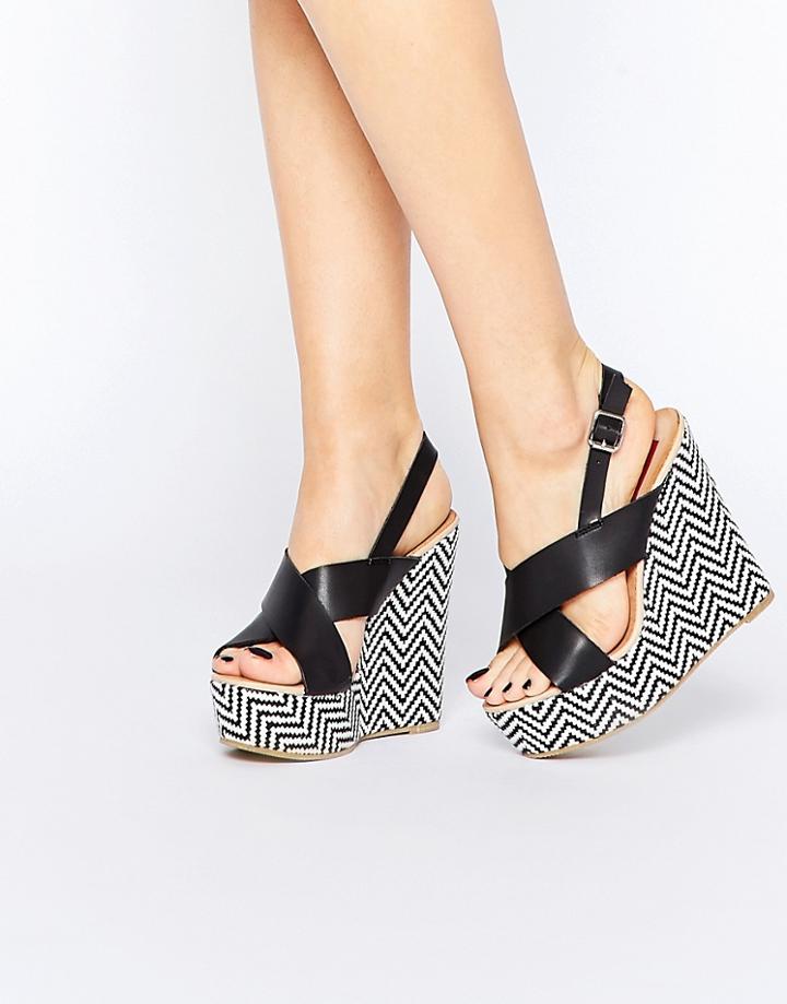 London Rebel Cross Strap Wedges - Black