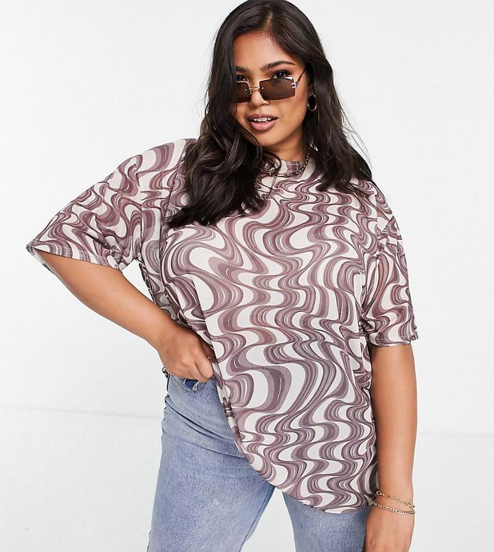 Asos Design Curve Oversized Mesh T-shirt In Wavy Print-multi