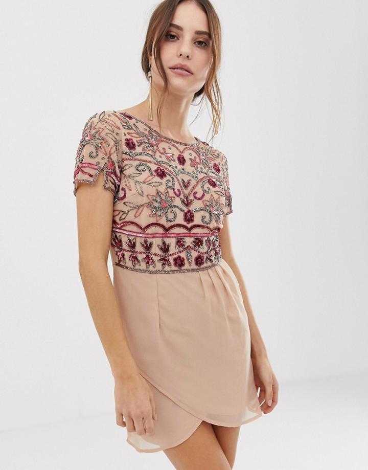 Frock And Frill Wrap Front Mini Dress With Embellishment-pink