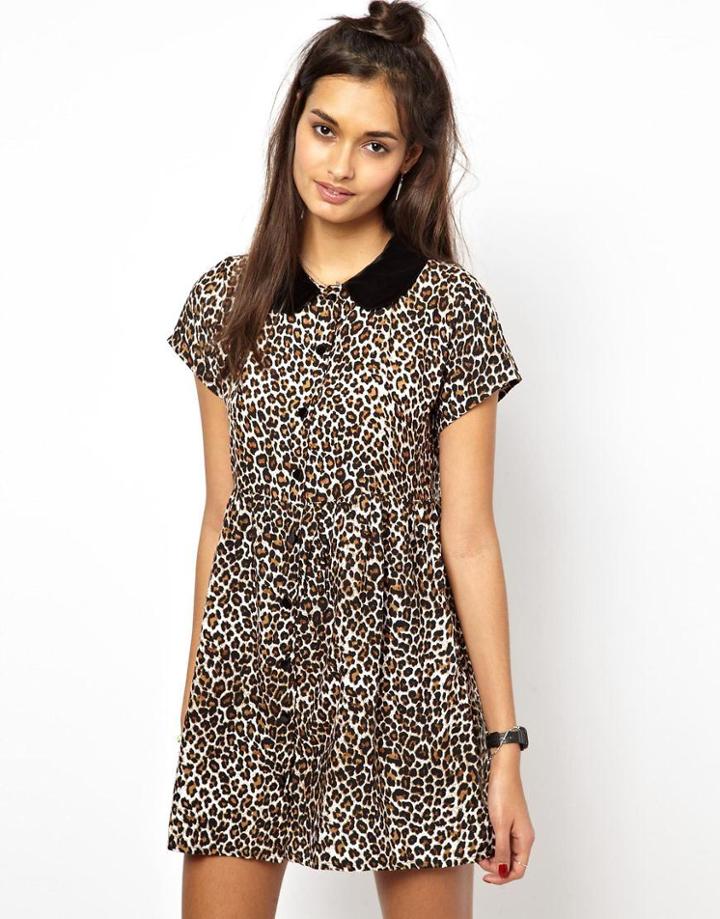 Motel Beatrix Collar Shift Dress In Leopard