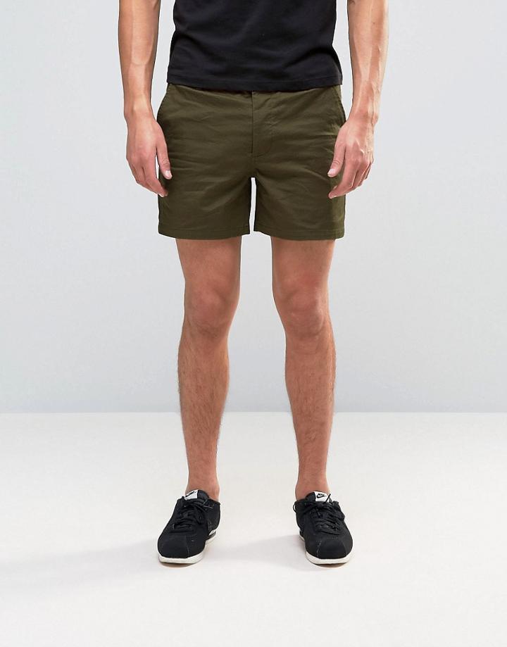 Asos Slim Shorter Chino Shorts In Khaki - Green