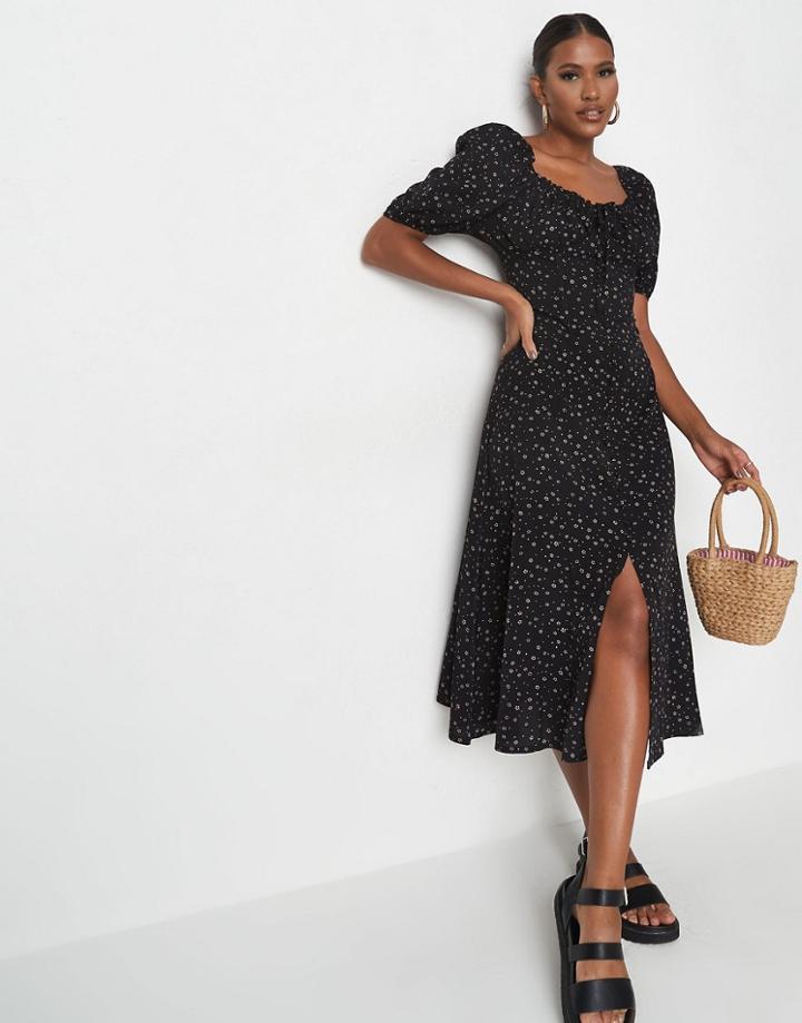 Missguided Floral Milkmaid Midi Dress In Black