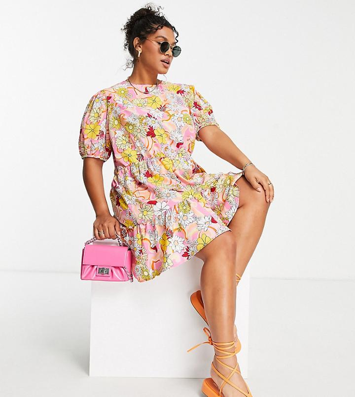 Simply Be Tie Back Mini Dress With Puff Sleeves In Orange Floral