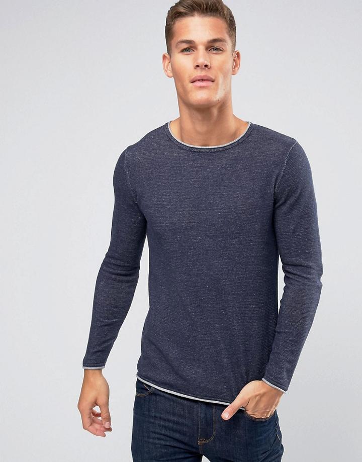 Selected Homme Crew Neck Knitted Sweater With Contrast Raw Hem - Navy